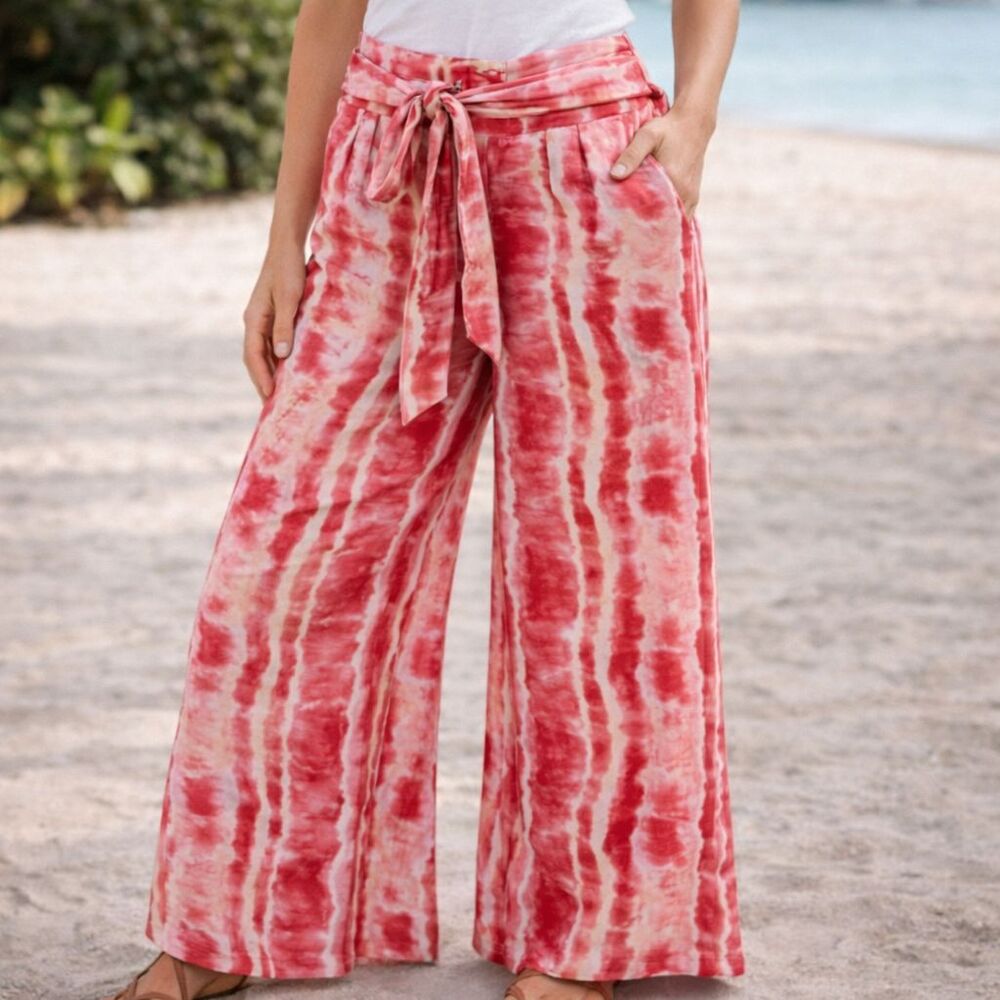 Coco Bianco Pink Palazzo Pants L Barbie Boho Flowy Wide Leg High Rise NWT